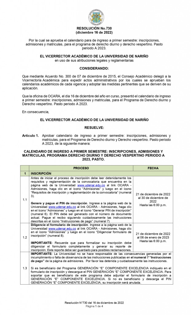 Viceacademica RES. No. 730 CALENDARIO ADMISIONES DERECHO A 2023, 16 DIC 2022 _page-0001