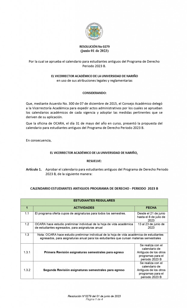 Viceacademica Res. No. 0279 CALENDARIO ESTUDIANTES ANTIGUOS-DERECHO-2023B_page-0001